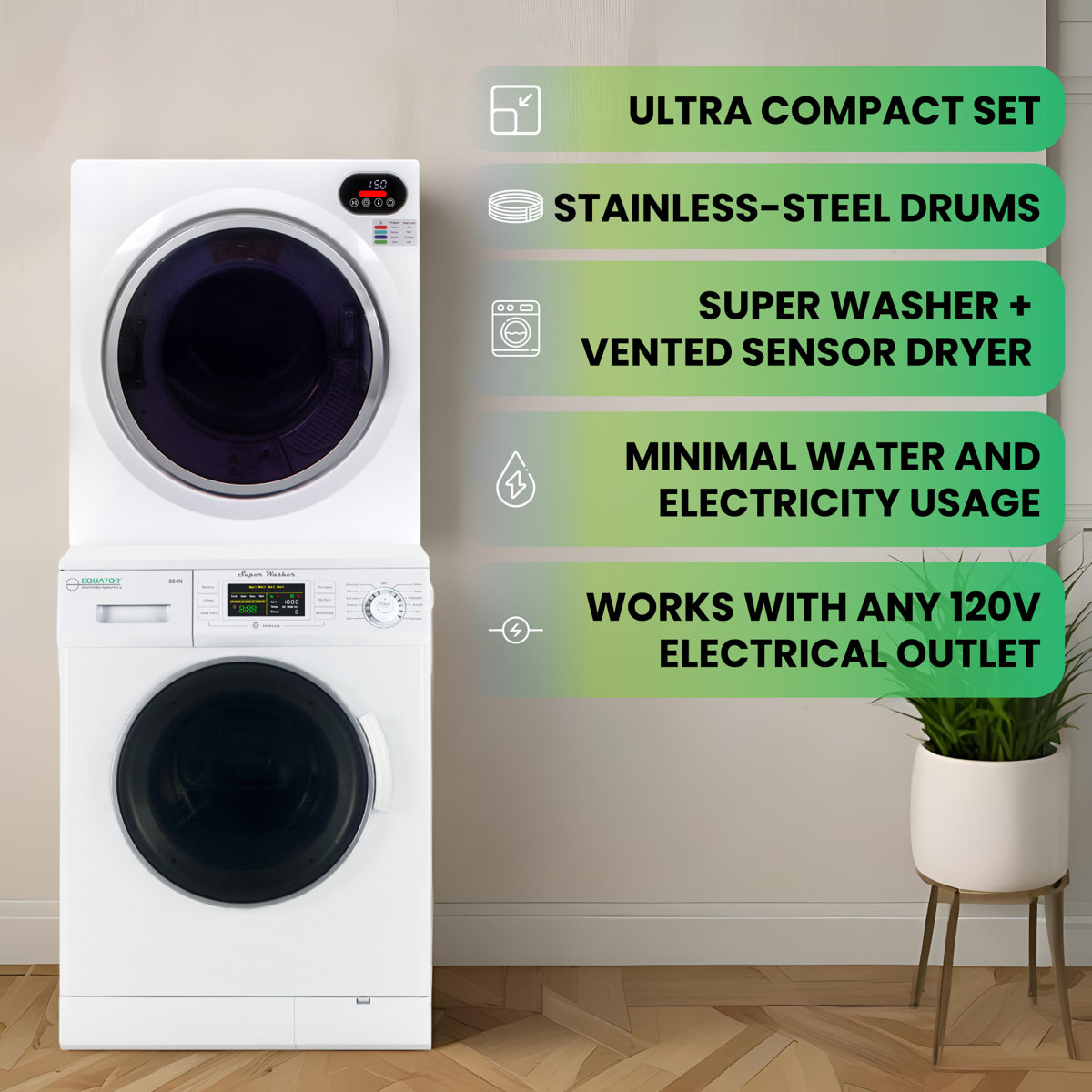 Equator 110V Compact Washer & Dryer Set - 1.57 Cu Ft Washer + 2.6 Cu Ft Vented Dryer, Stackable For Small Spaces - View #8